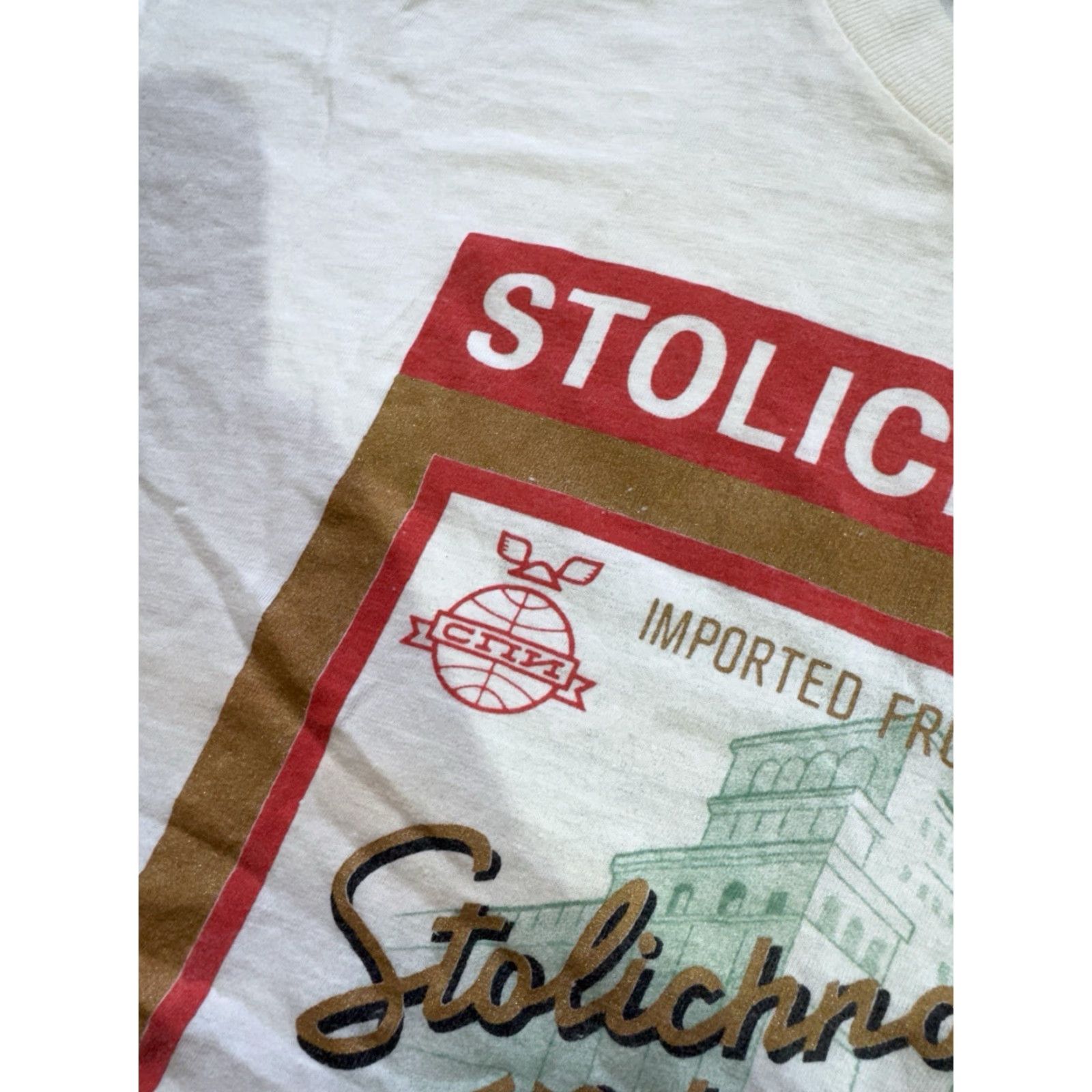 Vintage VTG Stolichnaya Russian Vodka T-Shirt XL White Unisex Adults Short Sleeve Cotton Promo Graphic Tee Size US XL / EU 56 / 4 - 7 Thumbnail