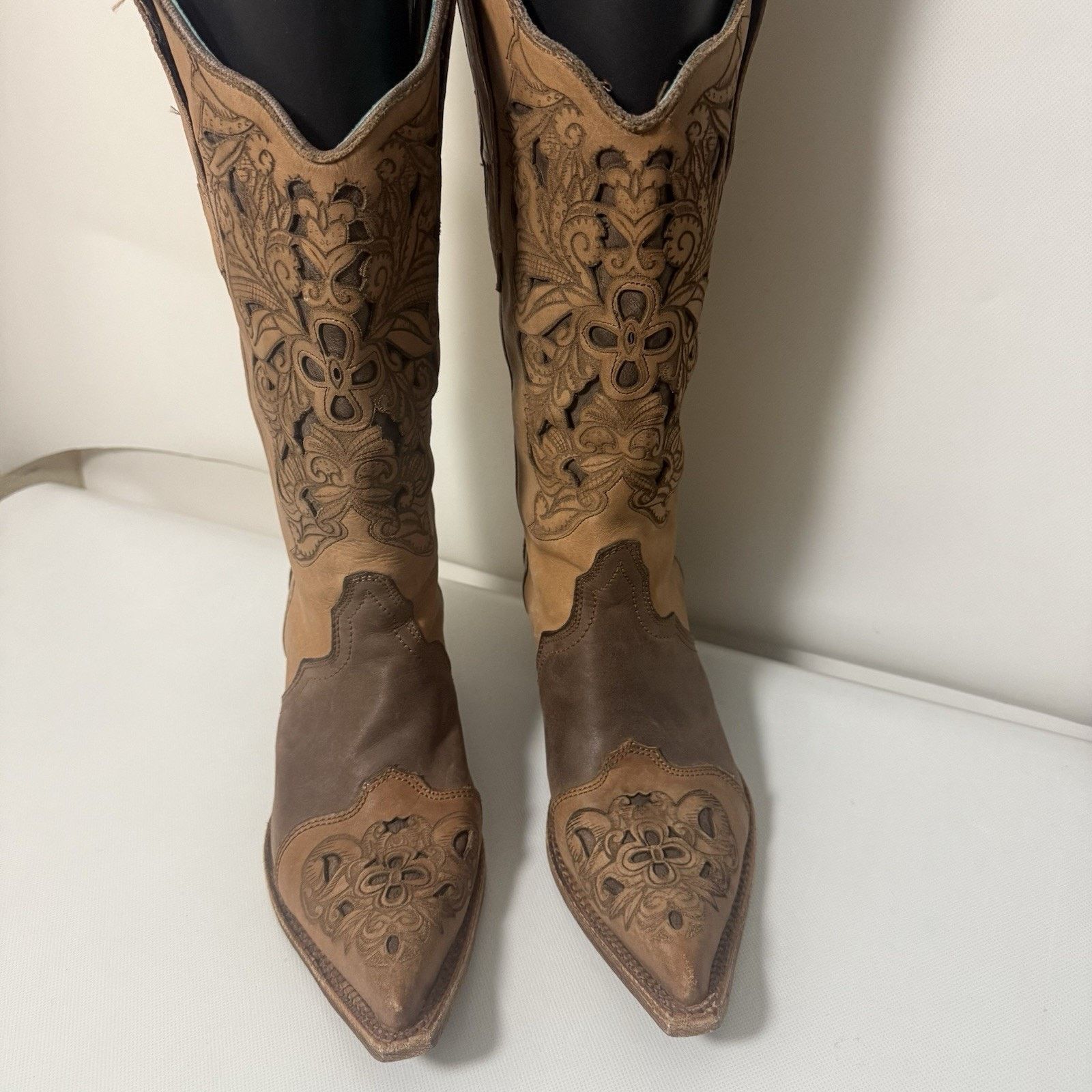 Corral Corral Brown Floral Inlay Snip Toe Cowgirl Western Boots Size US 8.5 / IT 38.5 - 2 Thumbnail