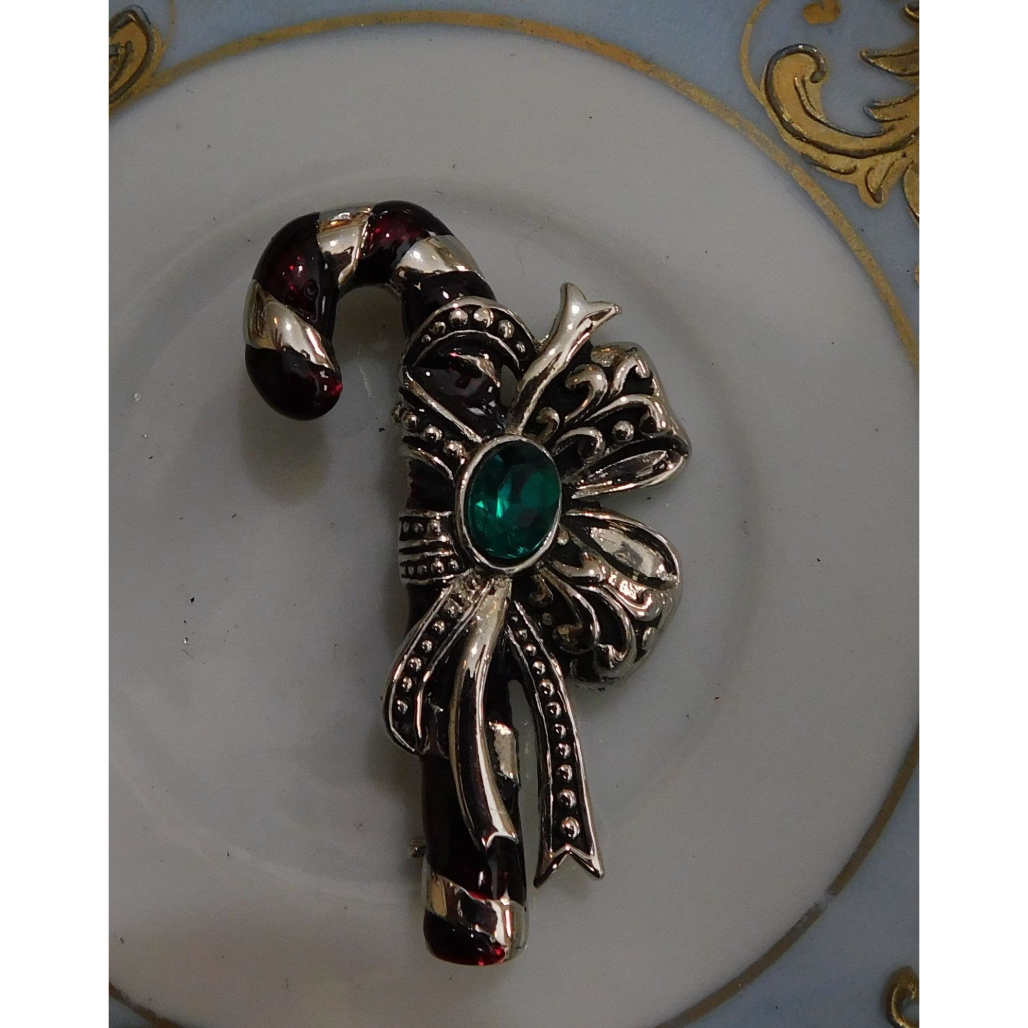 Other Vintage Silver Tone Candy Cane Brooch With Green Stone Size ONE SIZE - 3 Thumbnail