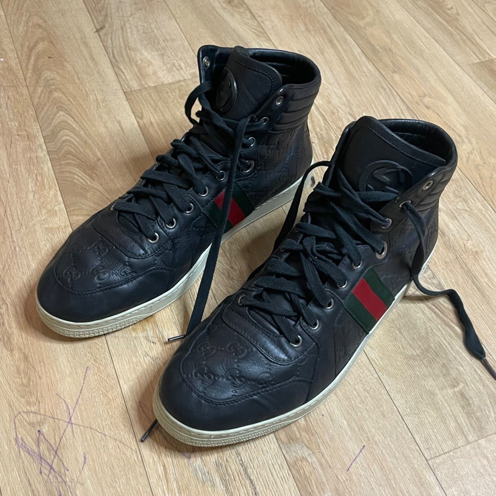 Gucci GUCCI Sneakers GG Web Dapper Black Leather High Top Monogram Size US 12 / EU 45 - 8 Thumbnail