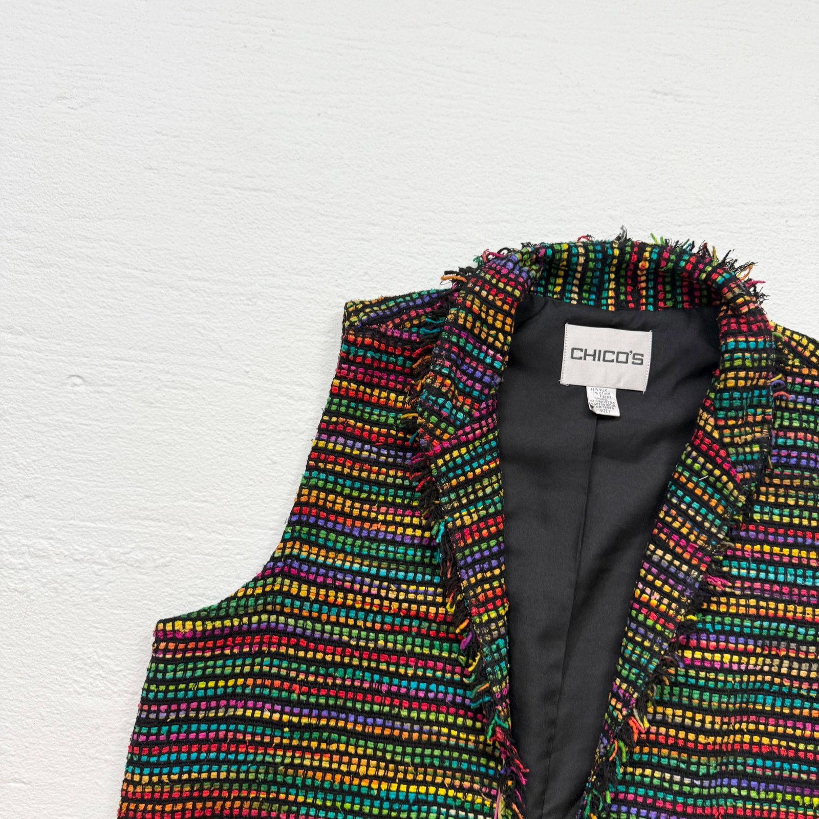 Chicos Vintage Chico’s Silk Fringe Trim Open Front Vest, Size 1 (M) Size M / US 6-8 / IT 42-44 - 2 Thumbnail