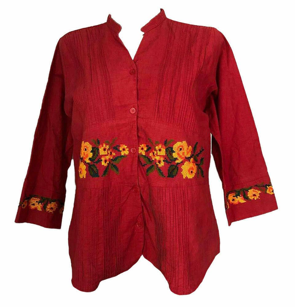 Designer Pre Owned Needle Point Embroidered Red Hand Made Blouse G Size L / US 10 / IT 46 - 1 Thumbnail