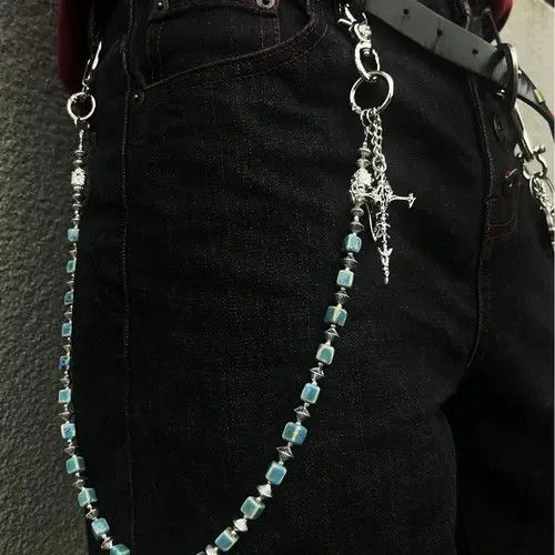 Jewelry Silver Blue Beaded Men’s Chain with Cross Pendant Size ONE SIZE - 6 Thumbnail