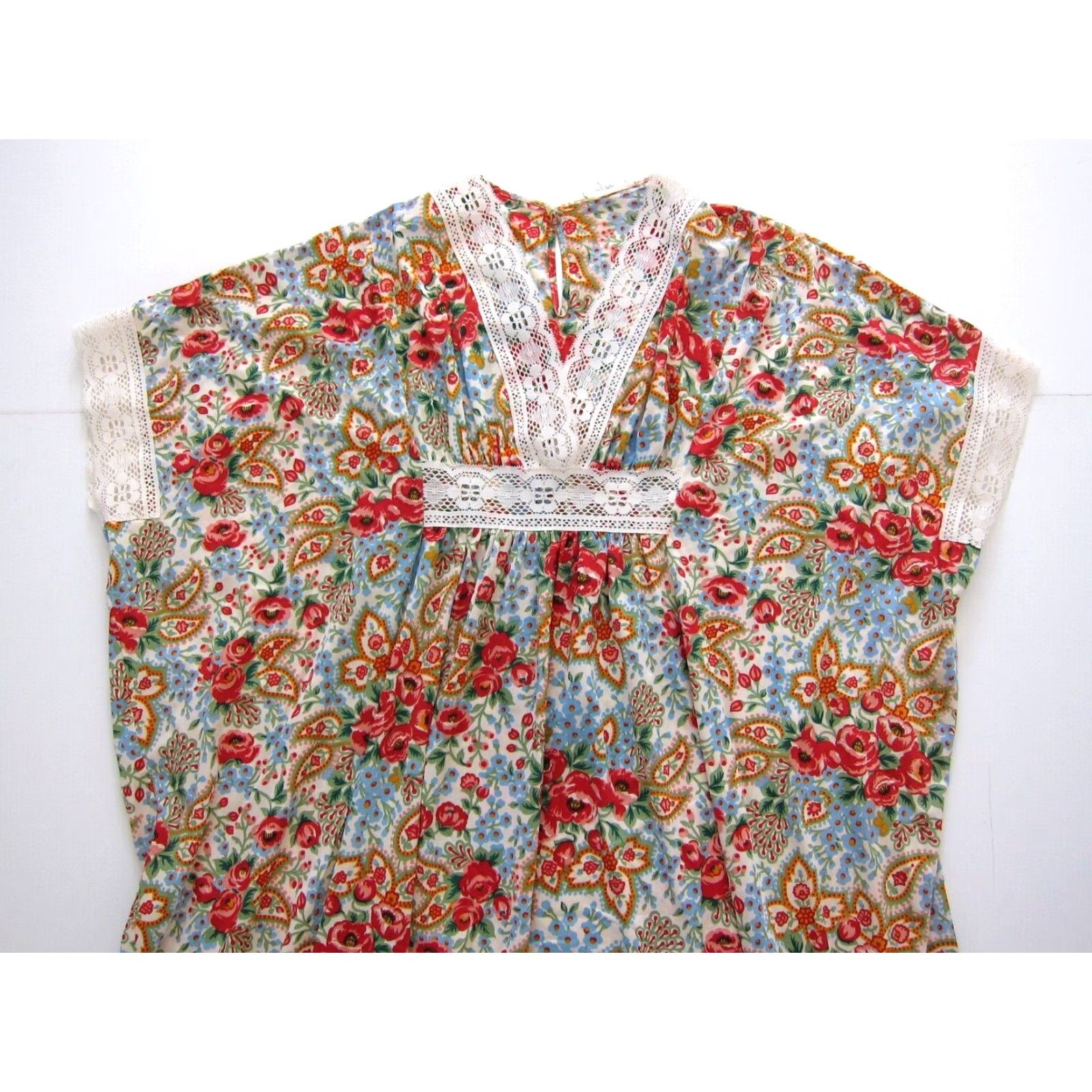 Vintage VINTAGE Rutledge Kaftan Maxi Muumuu Dress L-XL Pink Blue Green Floral V-Neck Short Sleeve Pullover Polyester Dress Rutledge Women Size L / US 10 / IT 46 - 2 Thumbnail