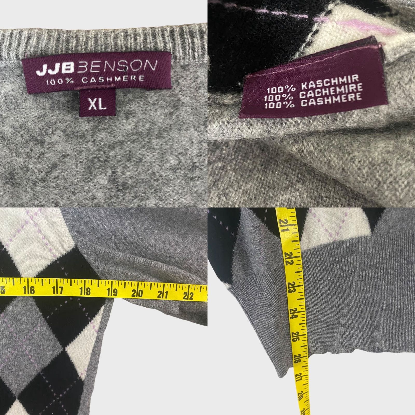 Vintage JJB Benson Cashmere Argyle Sweater Pullover Long Sleeve Women's XL Gray Black Size XL / US 12-14 / IT 48-50 - 8 Thumbnail