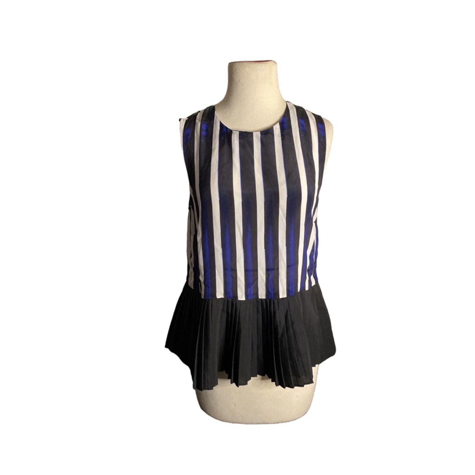 Nicole Miller Chic Striped Pleated Peplum Blouse Blue Black Artelier Size S / US 4 / IT 40 - 3 Thumbnail