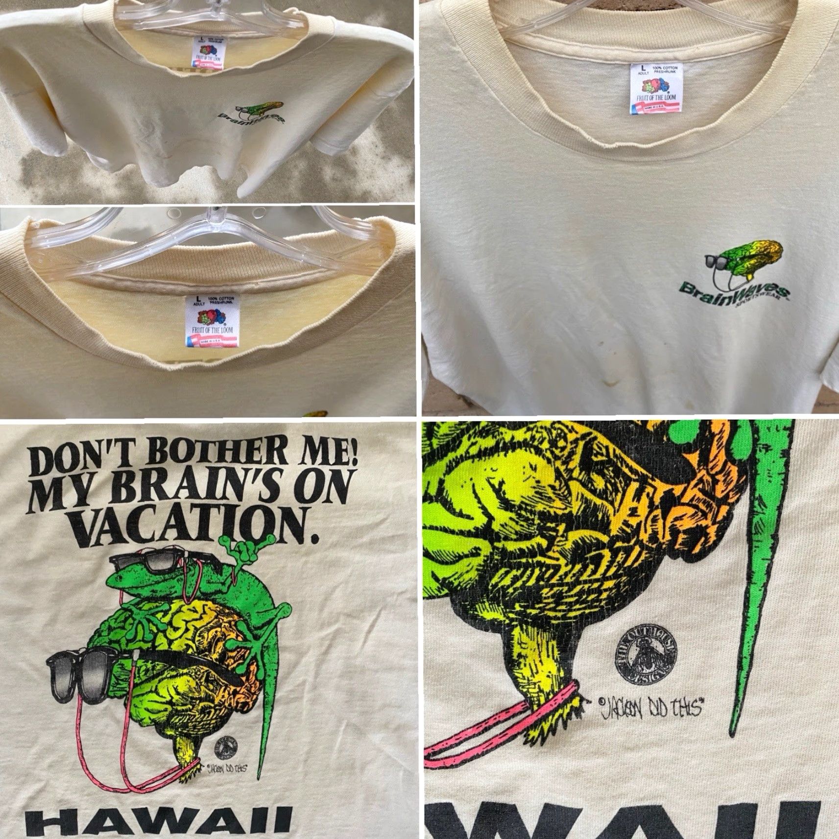 Fruit Of The Loom VINTAGE Brainwaves Hawaii Gecko T Shirt Mens L White Neon 90s Graphic Size US L / EU 52-54 / 3 - 7 Thumbnail