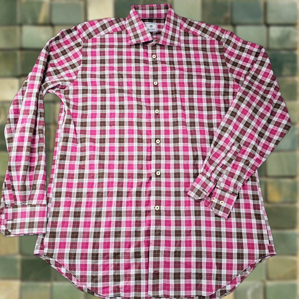 David Donahue David Donahue Dress Shirt Mens Large Pink Brown Check Twill Cotton Long Sleeve Size 42R - 1 Thumbnail