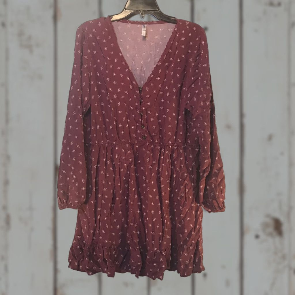 Vintage Xhilaration Burgundy Ruffle V-Neck Blouson Dress Women's Size L Knee Length Floral Long Sleeve Size L / US 10 / IT 46 - 1 Thumbnail