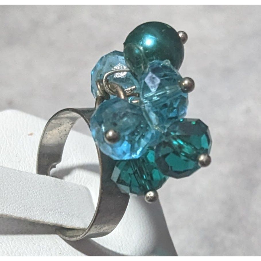 Other Blue Beaded Silver Tone Adjustable Cluster Ring Size 6 Size ONE SIZE - 2 Thumbnail
