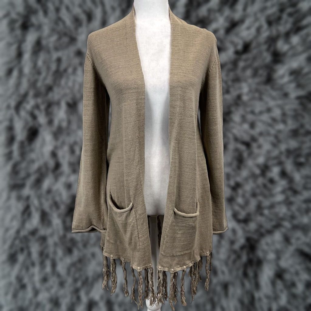 Lucky Brand Lucky Brand Cardigan Sweater Womens S Tan Fringe Pockets Open Front Boho Knit Sweater Ladies Small Size S / US 4 / IT 40 - 1 Thumbnail