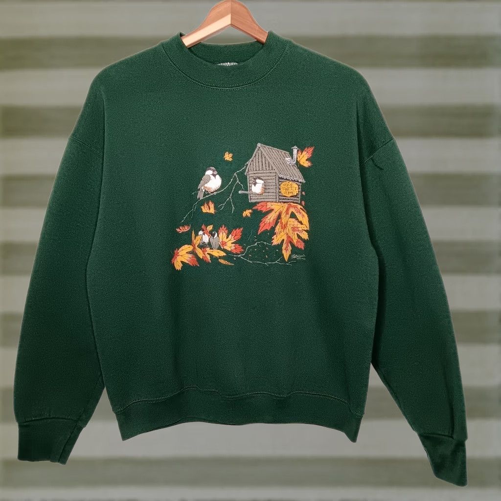 Fruit Of The Loom VINTAGE Fruit of the Loom Sweatshirt Woman L Green Nature Tree Birds Crew Neck Long Sleeve Pullover KnIT Fall Size L / US 10 / IT 46 - 1 Thumbnail