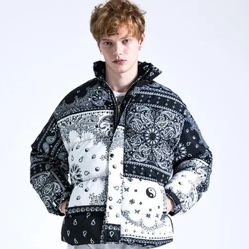 image of Vintage Ying Yang Paisley Bandana Puffer Jacket in White, Men's (Size Medium)