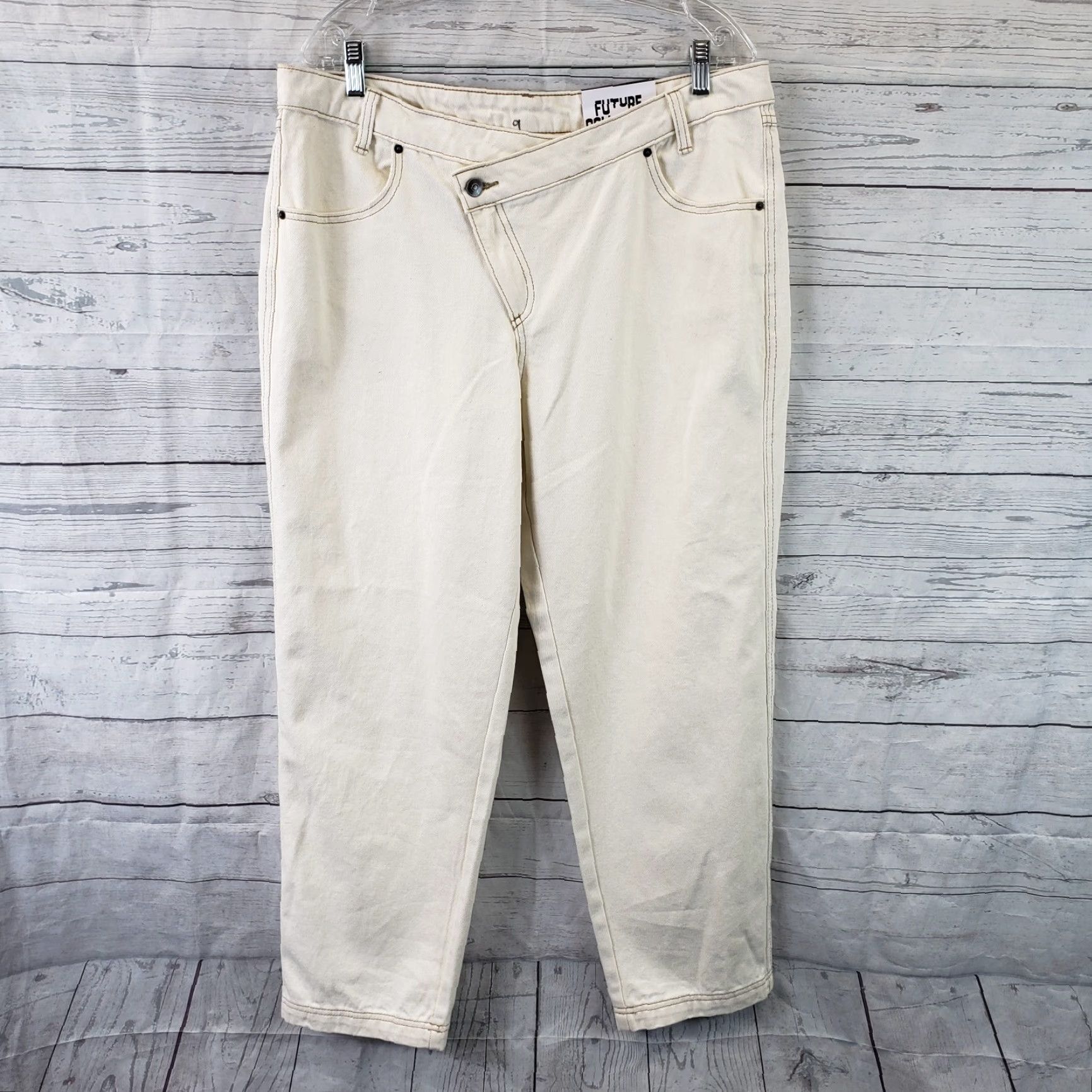 Vintage Future Collective Womens Jeans Waist Overlap Tapered Rise High Ivory 14 Denim Cotton Zip Plus 14 Womens Jeans Size 36" / US 14 / IT 50 - 2 Thumbnail