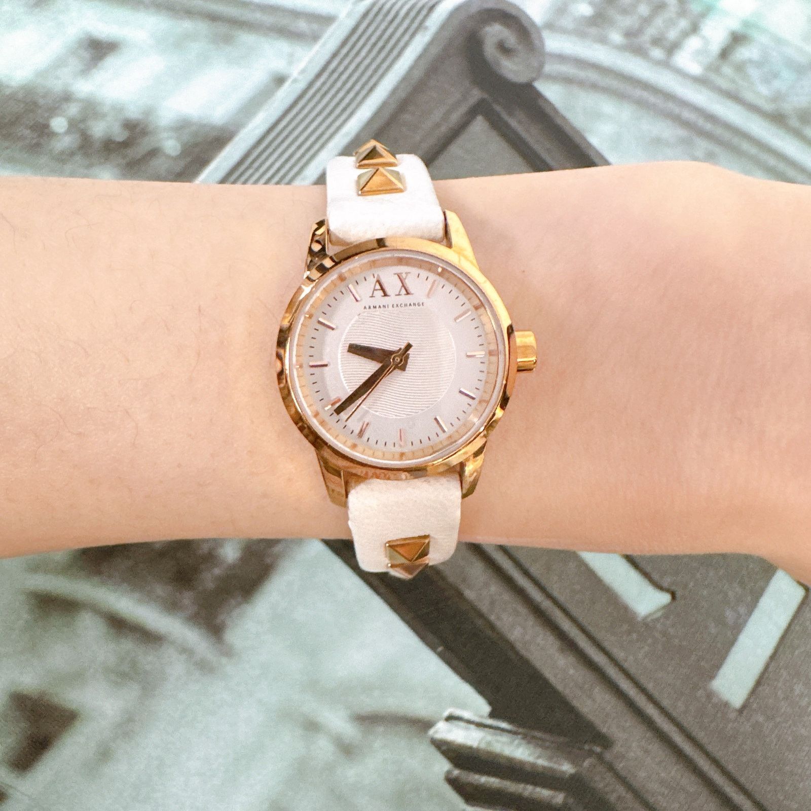 Armani Exchange Armani Exchange AX6020 Rose Gold Studded White Leather Strap Size ONE SIZE - 6 Thumbnail
