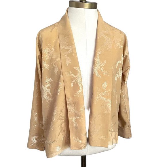Handmade Vintage Beige Silky Brocade Open Kimono Robe Jacket - Small Size S / US 4 / IT 40 - 2 Thumbnail