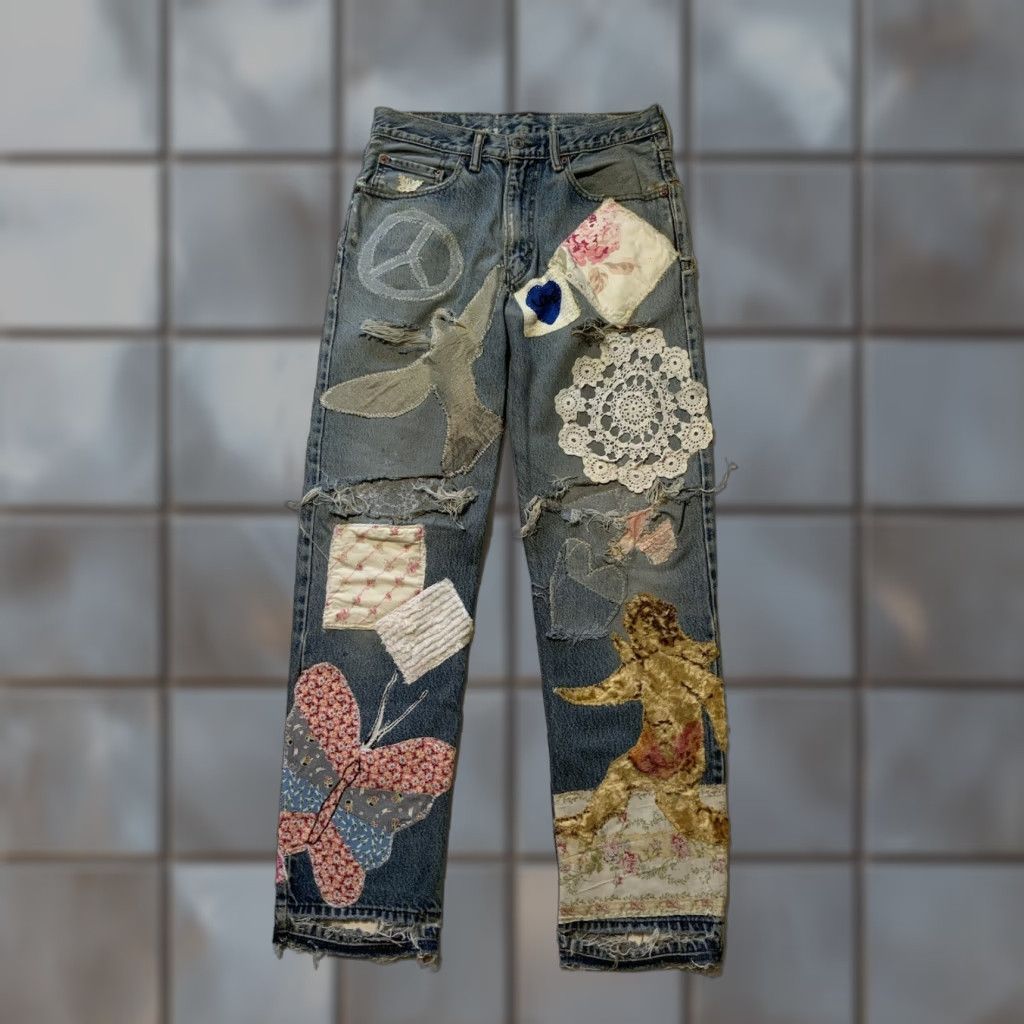 VINTAGE Levis Patchwork Peace Love Butterfly Cherub OOAK Rework 1/1 Denim Jeans - Levi's Jeans Patchwork 32x32 Blue Button Fly Classic Fit Mens