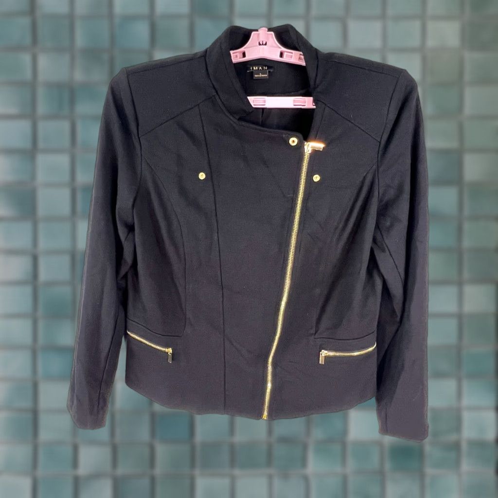 Vintage Iman Zip Blazer Womens Black Gold Trim Pockets Asymmetrical Zipper Size Large Size L / US 10 / IT 46 - 1 Thumbnail