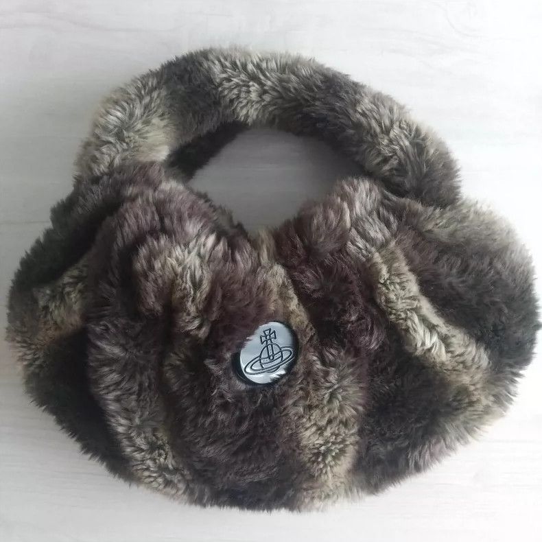 Vivienne Westwood Vivienne Westwood Brown grey Saturn logo button round fur Size ONE SIZE - 4 Thumbnail