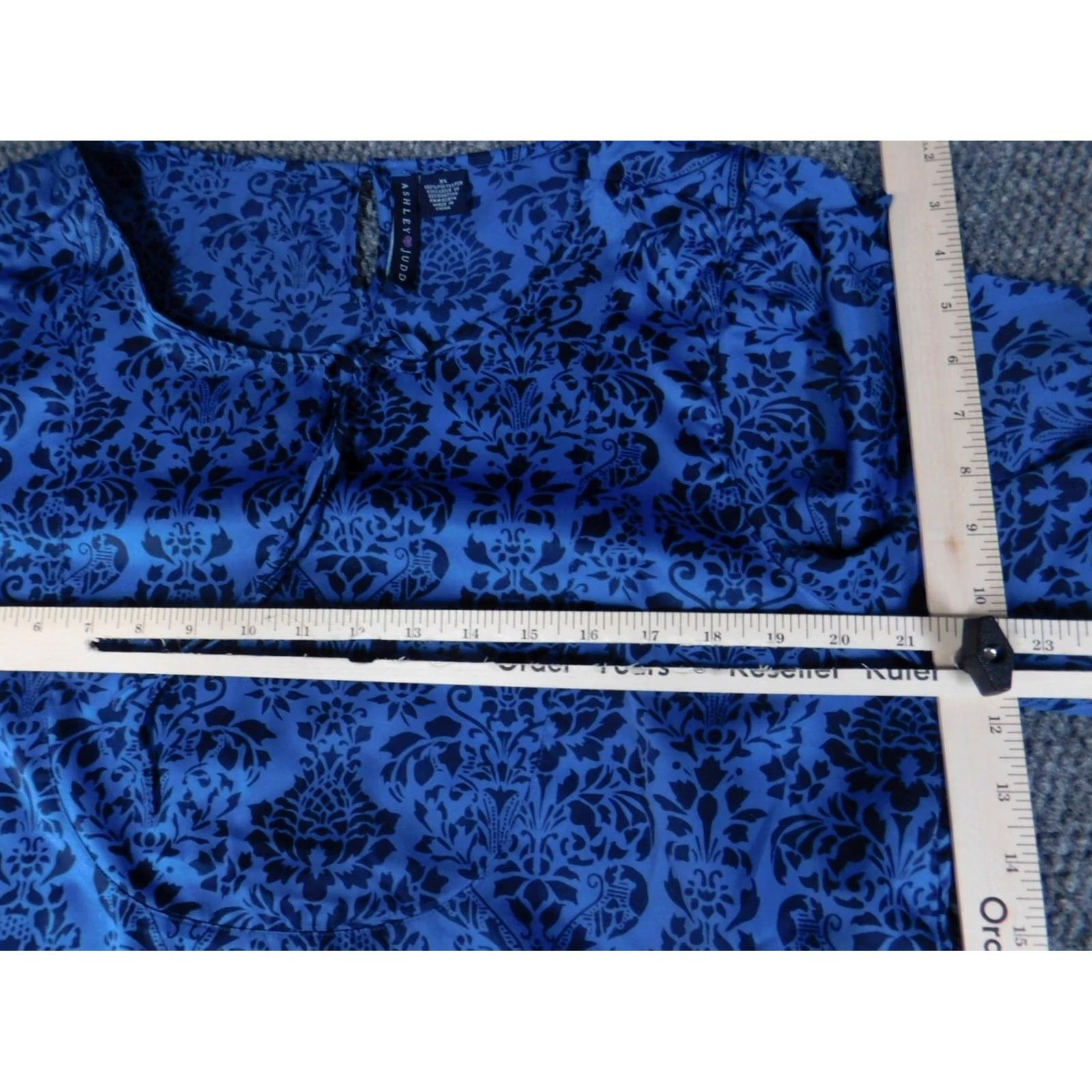 Vintage Ashley Judd Womens Blouse XL Blue Floral Crew Neck Pullover Stretch Long Sleeve Regular Fit Button Polyester Size XL / US 12-14 / IT 48-50 - 6 Thumbnail