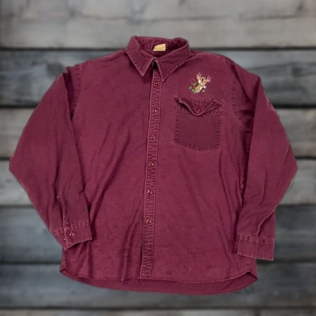 IDEA VTG 80s Embroidered Deer Heavyweight Cotton Shirt XL Men Button-Down Red Outdoor Casual Size US XL / EU 56 / 4 - 1 Thumbnail