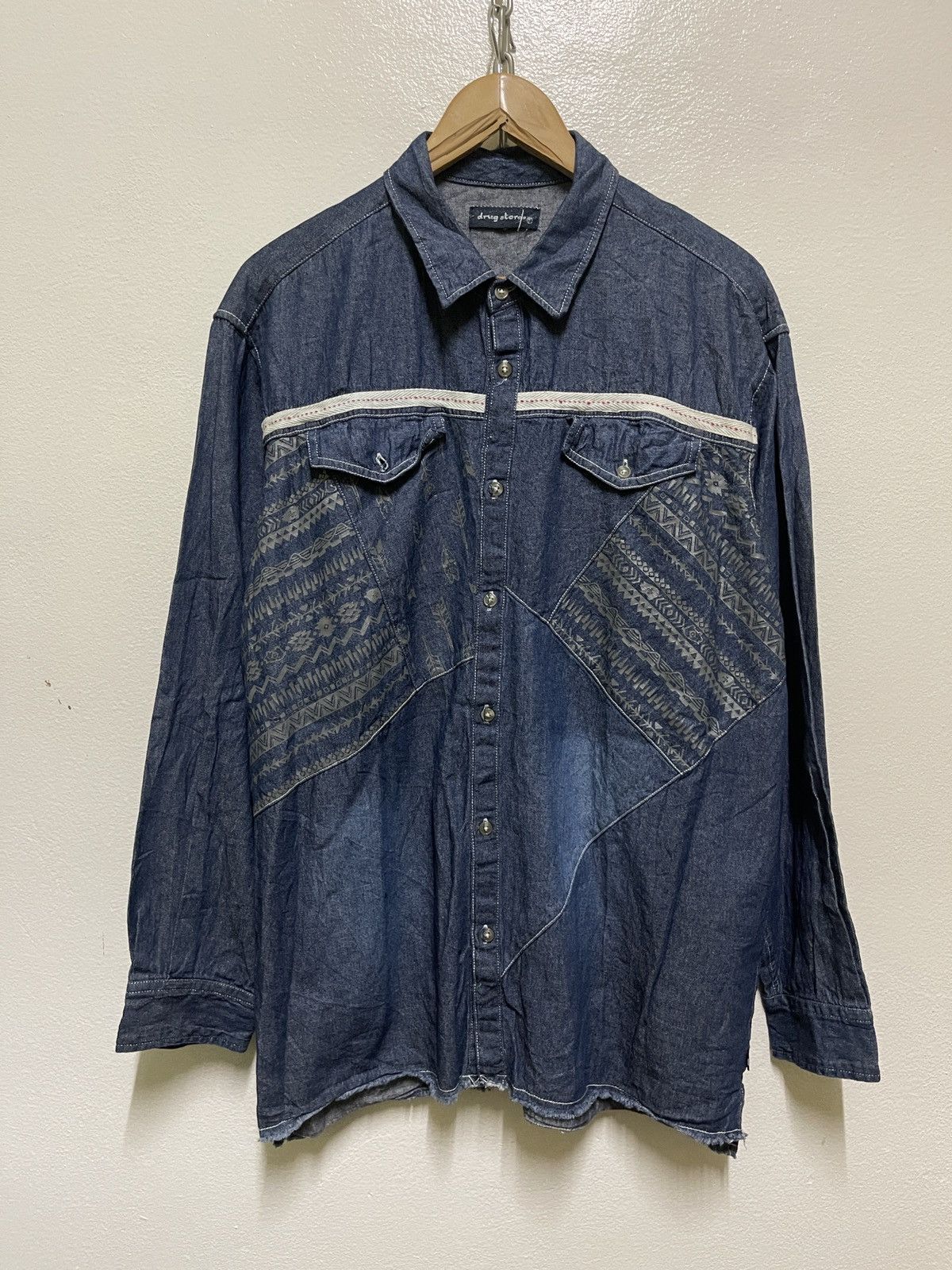 Japanese Brand Drug Stores Denim Shirt Hybrid Printed Size US XL / EU 56 / 4 - 1 Thumbnail