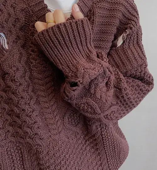 VIBE Retro distressed damage cable knit grunge sweater knitwear Size US L / EU 52-54 / 3 - 6 Thumbnail