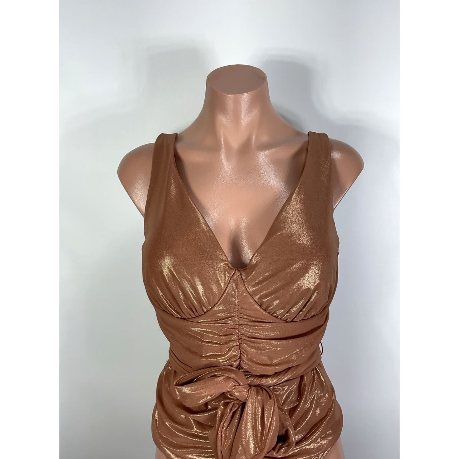 Vintage SwimsuitsForAll RoseGold Metallic Tie Front Gabifresh Size 14 D/DD One Piece Swim Skirt Adult Womens Navy Gold DD Size ONE SIZE - 3 Thumbnail