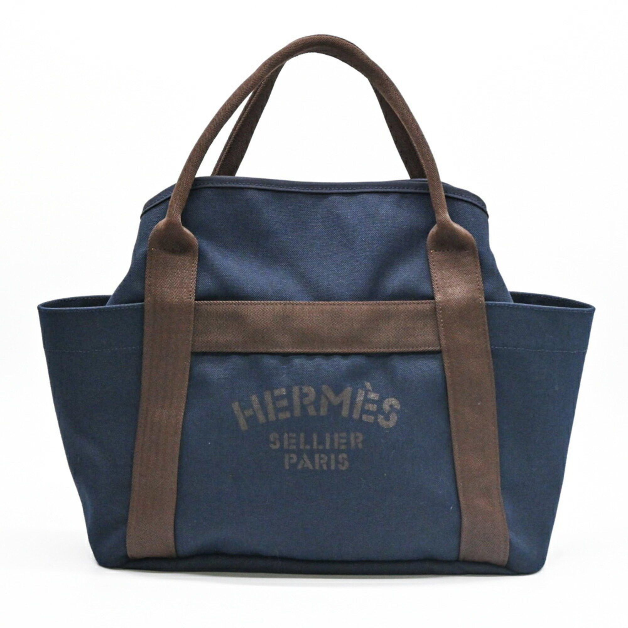 Hermes Sac De Pansage Groom Handbag Tote Bag Canvas Navy Orange A in Blue, Women's