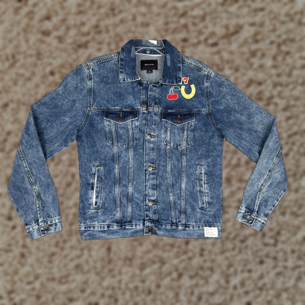 Denime Adam Levine Jacket Womens L Blue Denim Palms Casino Gambling Slots 777 Lucky Printed PALMS Patch Embroidered 777 Graphic Size L / US 10 / IT 46 - 1 Thumbnail