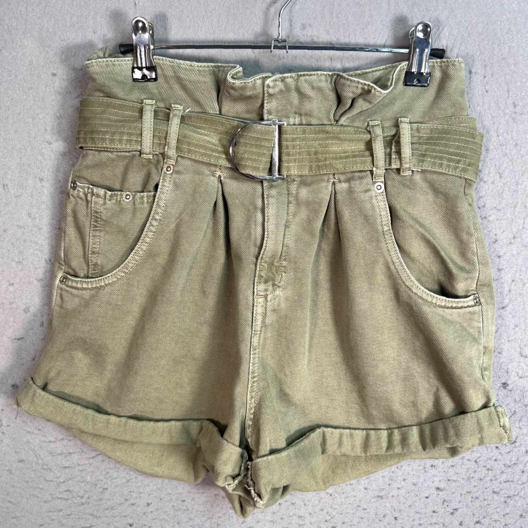 Zara Zara Women's High Waist Khaki Green Belted Paperbag Shorts Size S Size 28" / US 6 / IT 42 - 2 Thumbnail