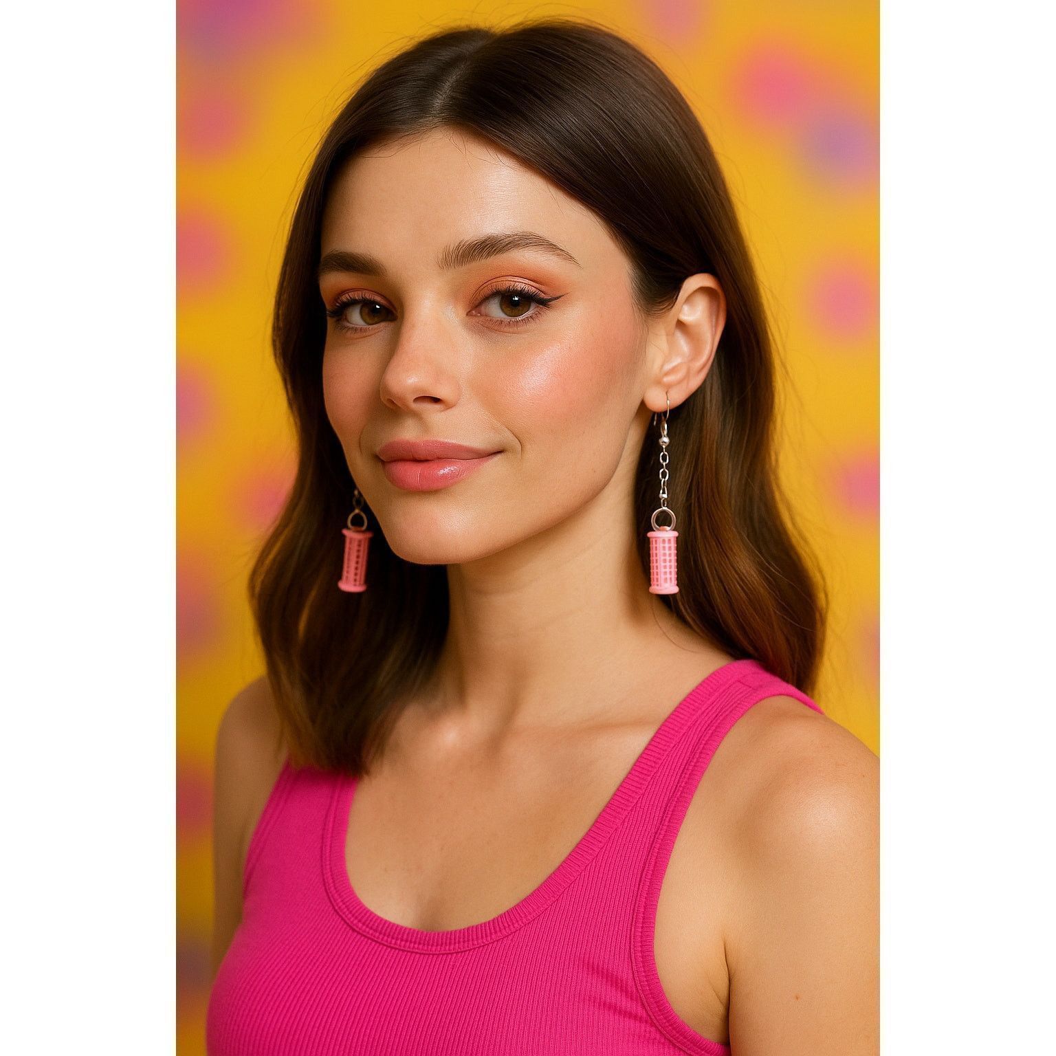 Other Handmade Pink Hair Roller Dangle Earrings Hypoallergenic Size ONE SIZE - 1 Thumbnail