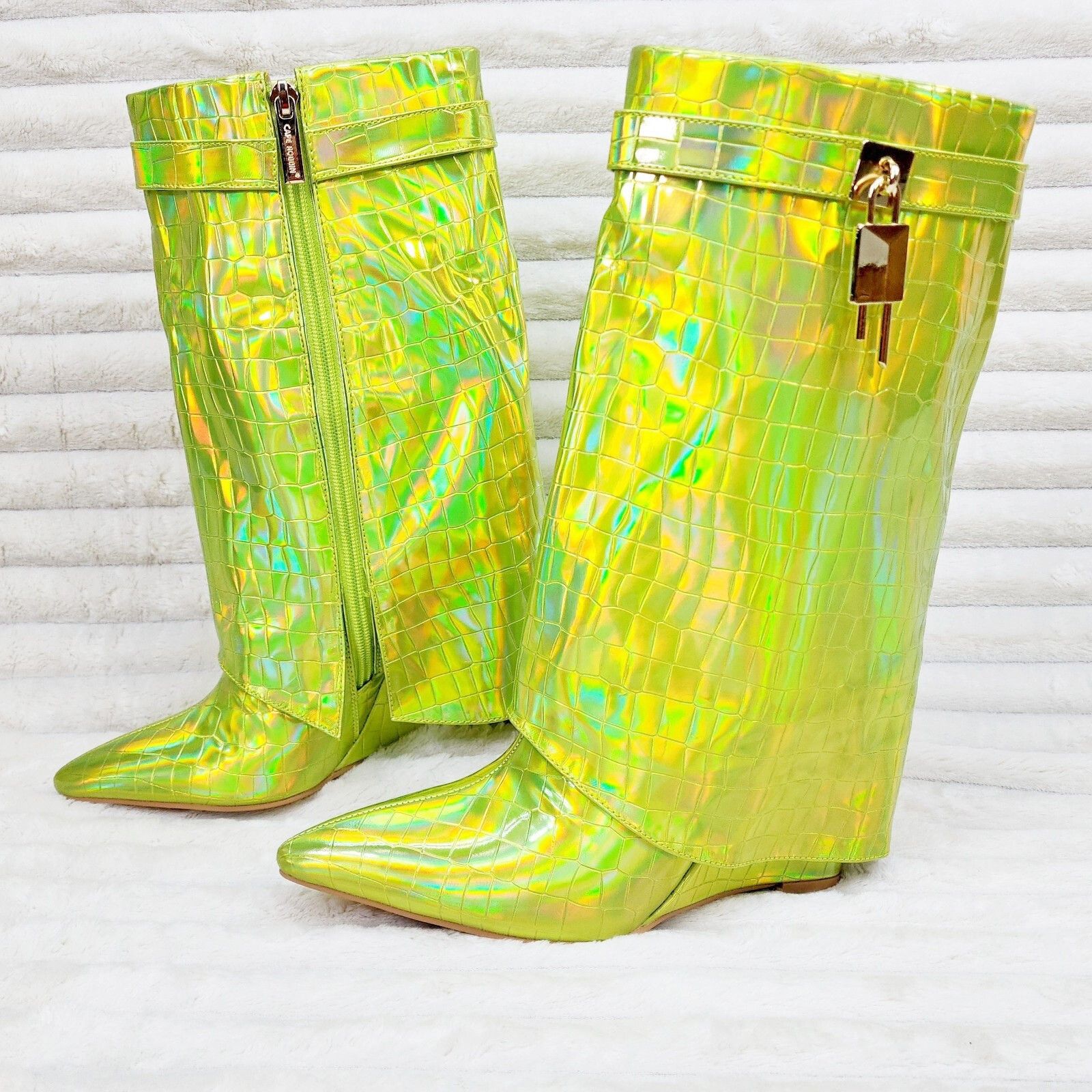 Other Vision Lime Yellow Hologram Wedge Heel Fold Over Skirted Ank Size US 6.5 / IT 36.5 - 2 Thumbnail