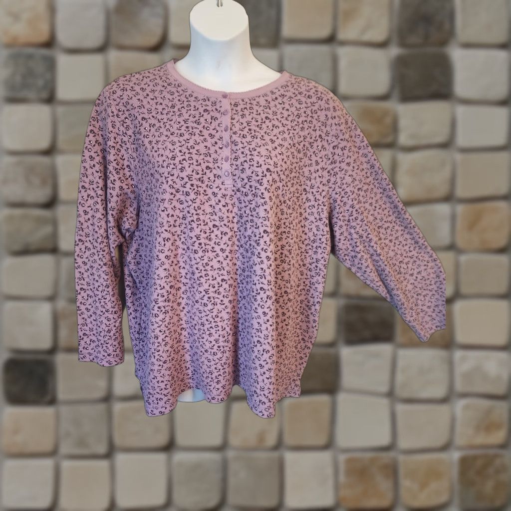 Essentials Essentials by Maggie Purple Floral Henley Waffle Knit Top Shirt 30/32 Plus Size 4XL / US 24-26 - 1 Thumbnail