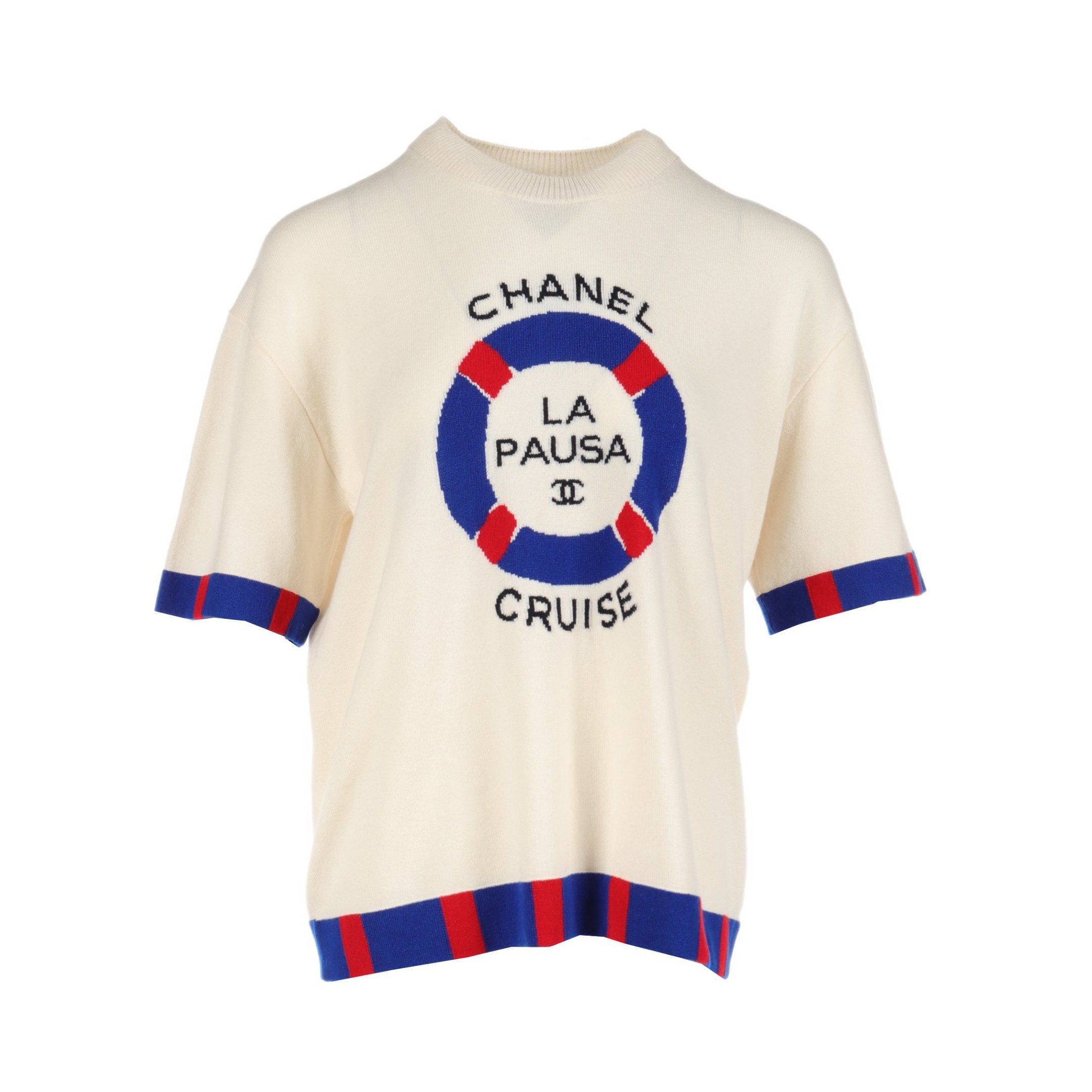 Chanel La Pausa Coco Mark Knit Short Sleeve Cashmere Ivory Blue Red