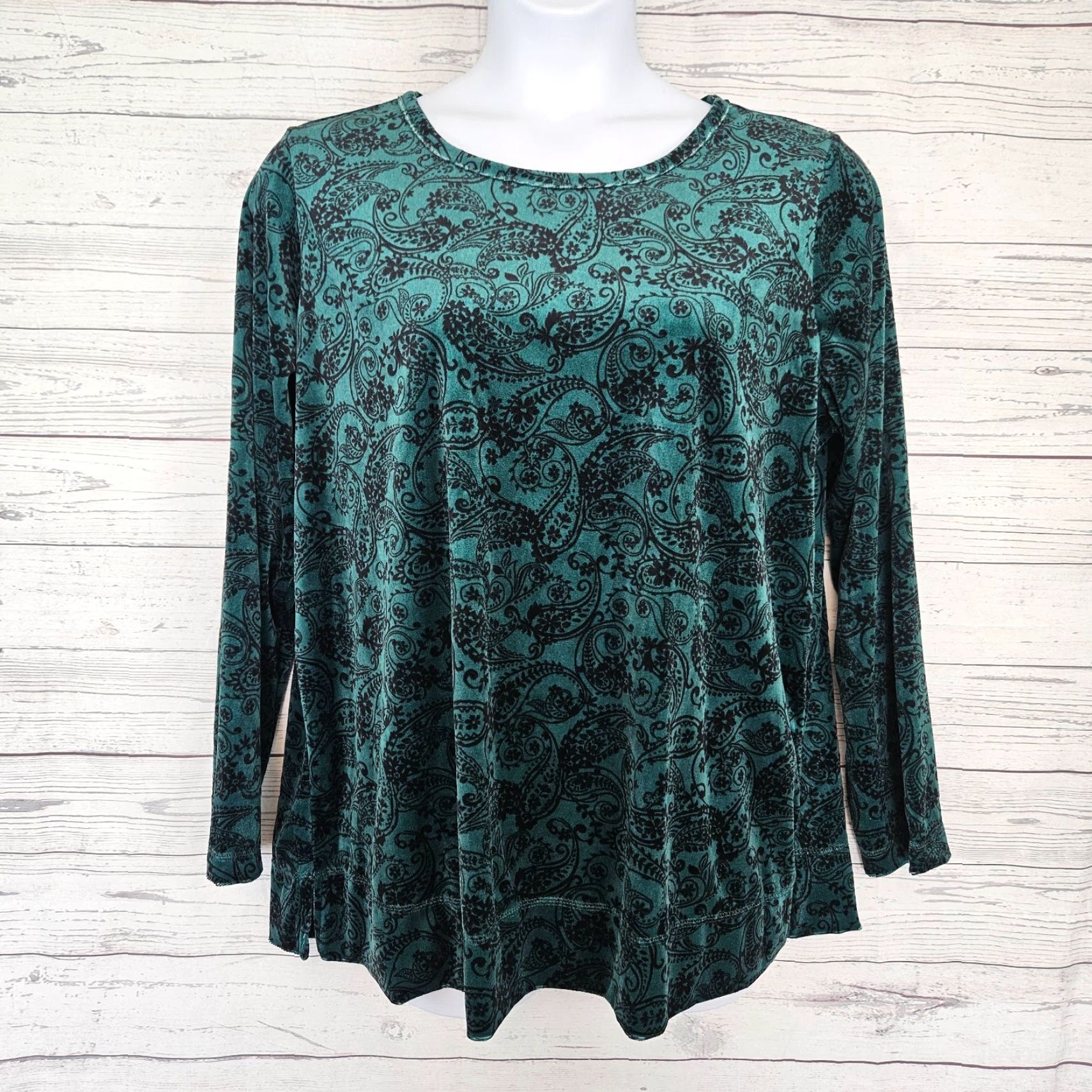 Vintage Woman Within Blouse Velvet Top Long Sleeve Paisley Green 18 Size XXL / US 16-18 / IT 52-54 - 2 Thumbnail
