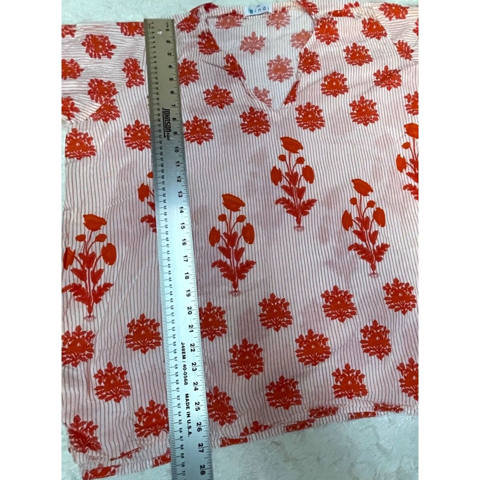 Vintage Bindu Bindi Womens Split Neck 3/4 Sleeve Striped Floral Oversized Shirt White Red Large Size L / US 10 / IT 46 - 3 Thumbnail