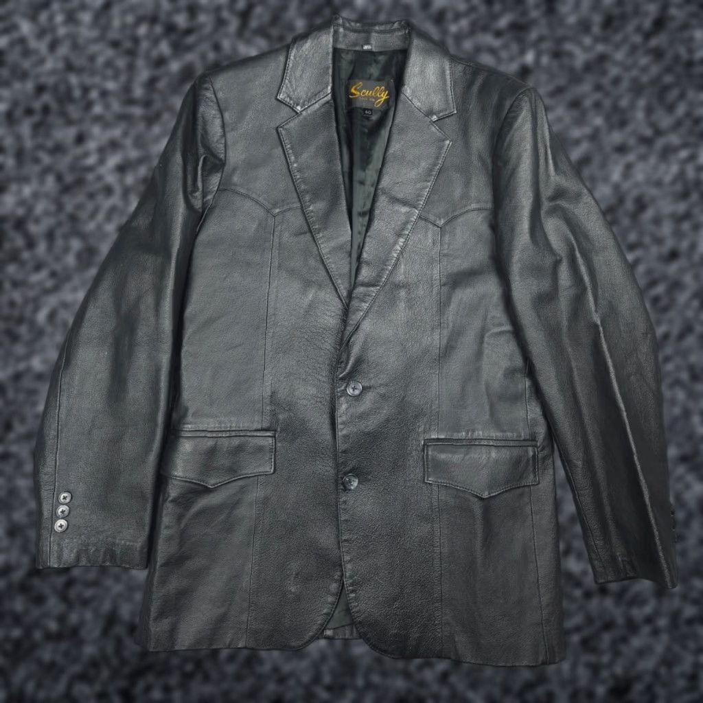 VINTAGE Scully Black Leather Blazer Jacket Mens 40 Black Long Western