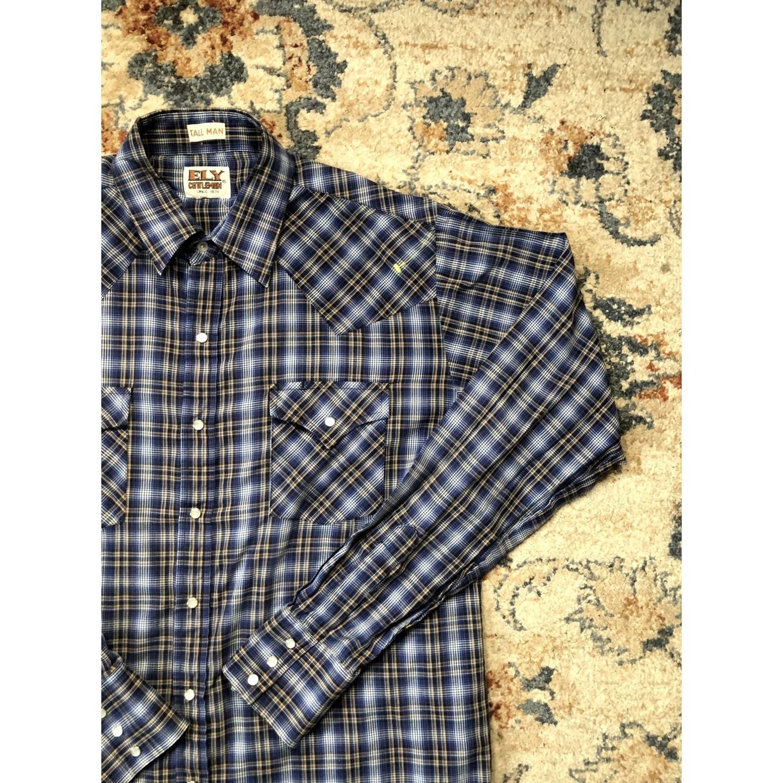 Vintage ELY Cattleman Shirt Mens LT Tall Blue Plaid Western Pearl Snap Cowboy Shirt Size US L / EU 52-54 / 3 - 4 Thumbnail