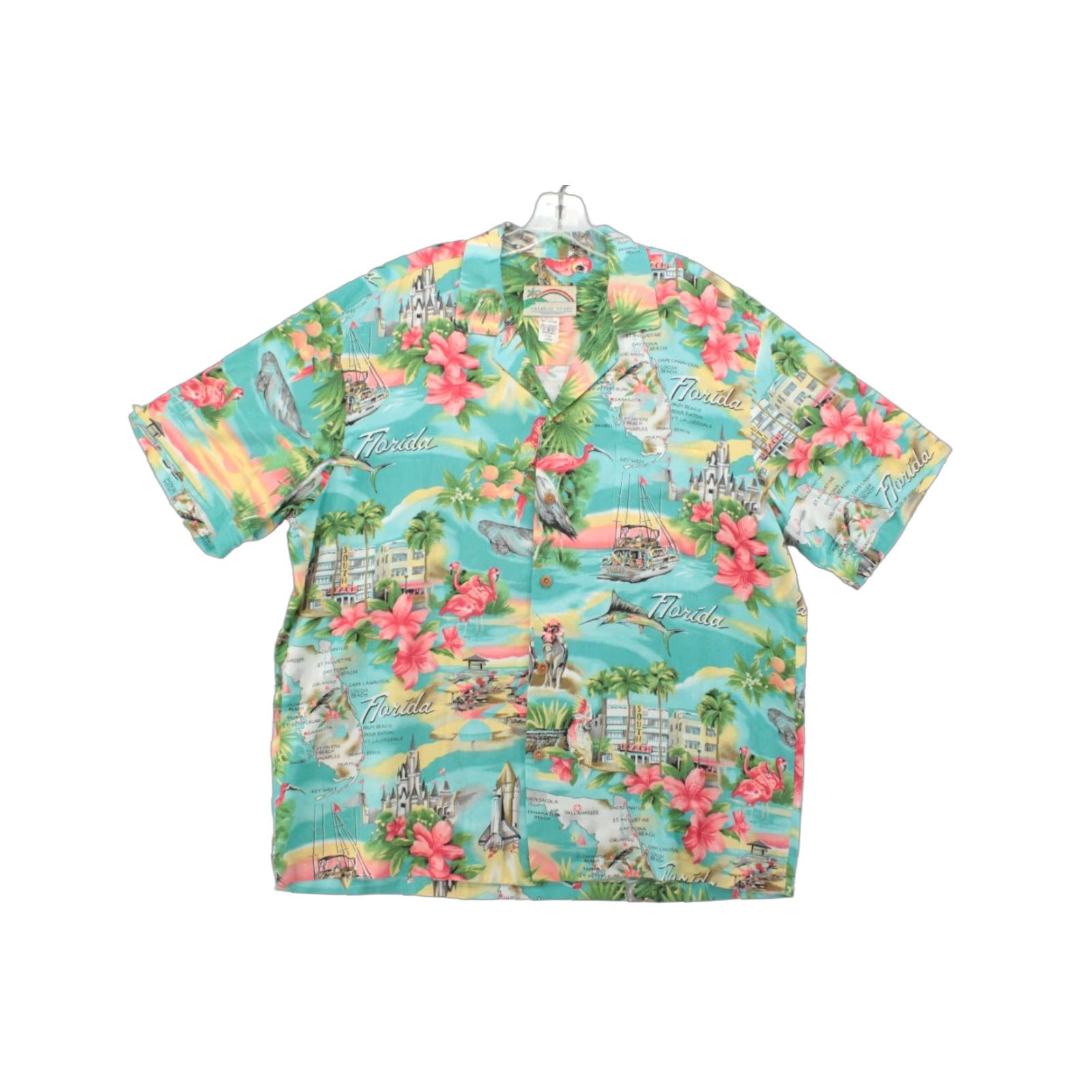 VINTAGE Paradise Found Florida Map Camp Shirt Men’s Large Multicolor Short Sleeve Button-Up Beachy Florida Map Graphic 90s Mens Large