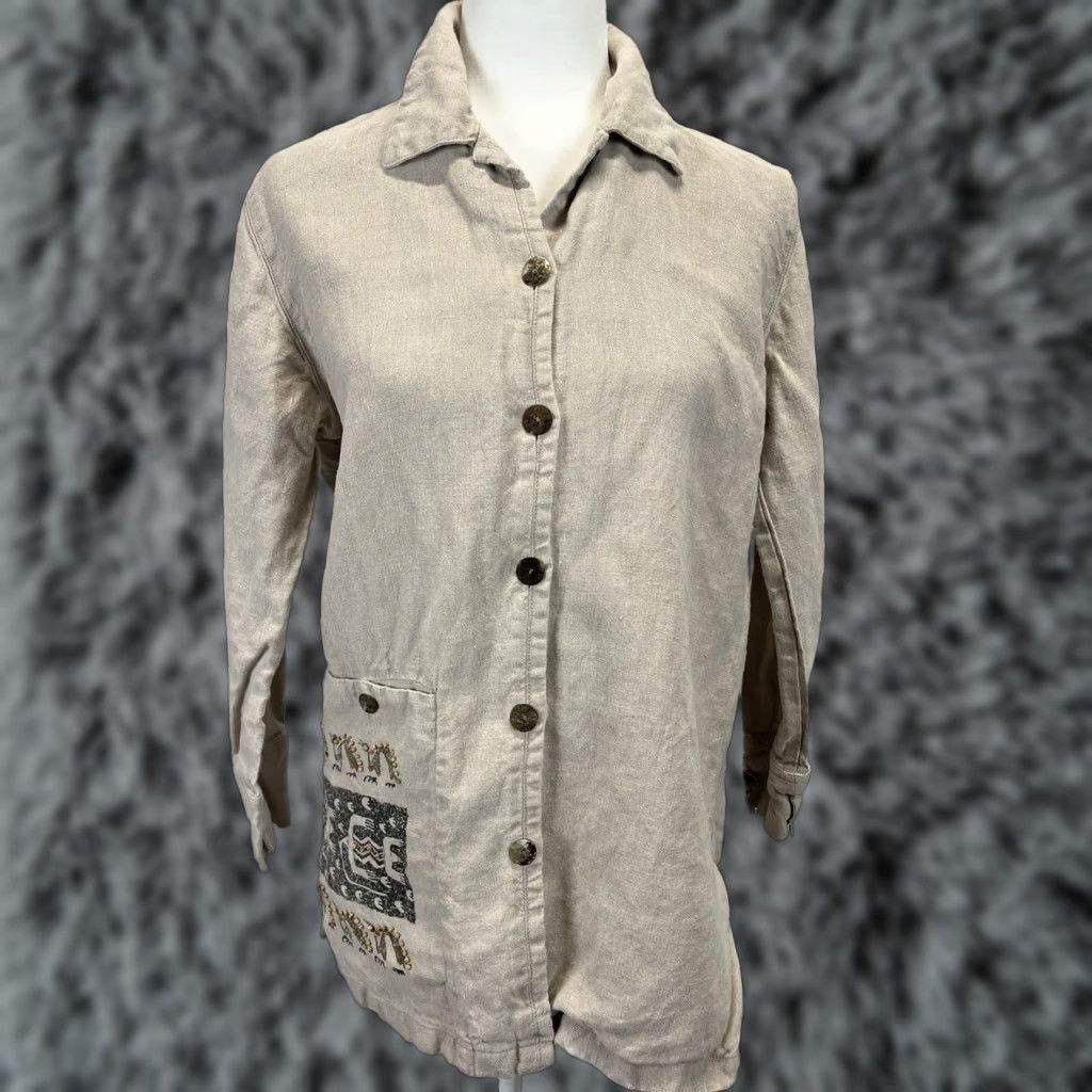 Vintage VINTAGE Chico's Linen Jacket Sz M Tan Beaded Artsy Womens Business Casual Size M / US 6-8 / IT 42-44 - 1 Thumbnail