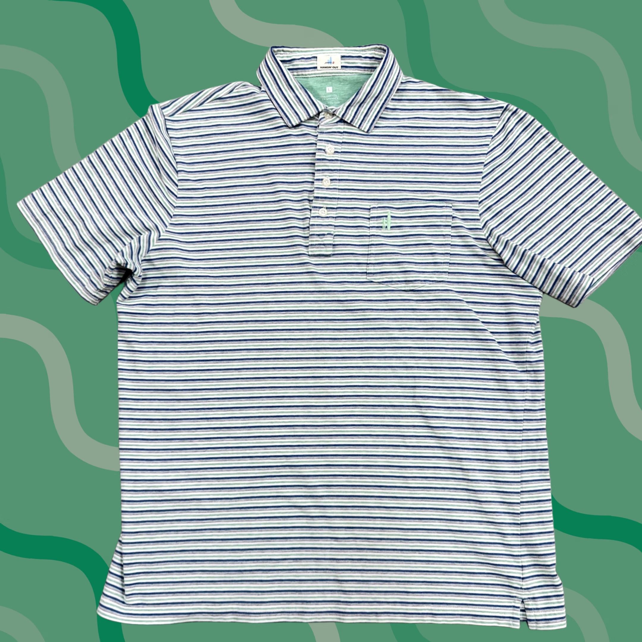 johnnie-O johnnie-O Polo Shirt Mens L Blue Striped Casual Golf Shirt Court Hangin Out White Green Size US L / EU 52-54 / 3 - 1 Thumbnail