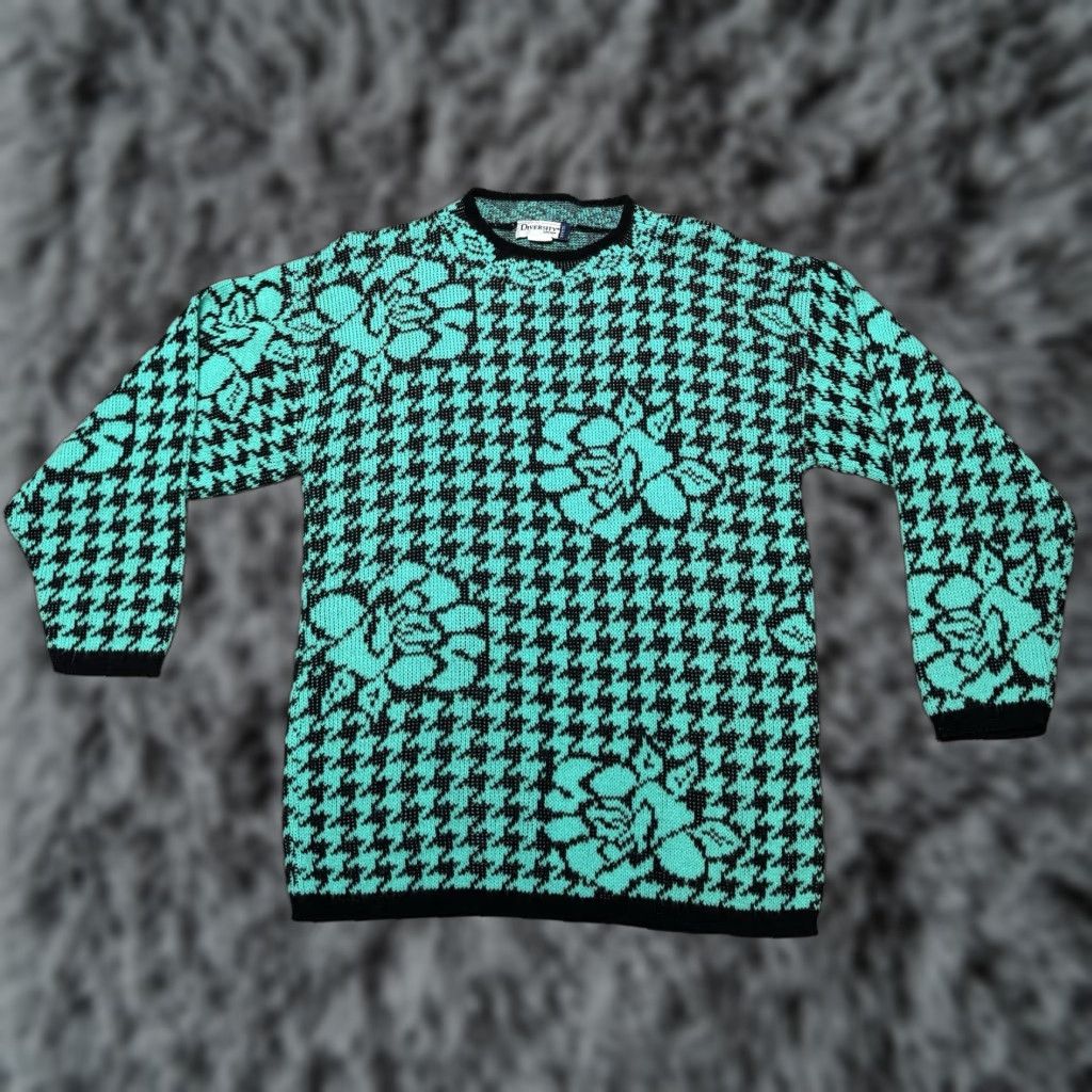 Vintage VINTAGE Diversity Sport Sweater Women Petite Medium Green Floral Houndstooth Whimsigoth 80s Pullover Womens Size M / US 6-8 / IT 42-44 - 1 Thumbnail