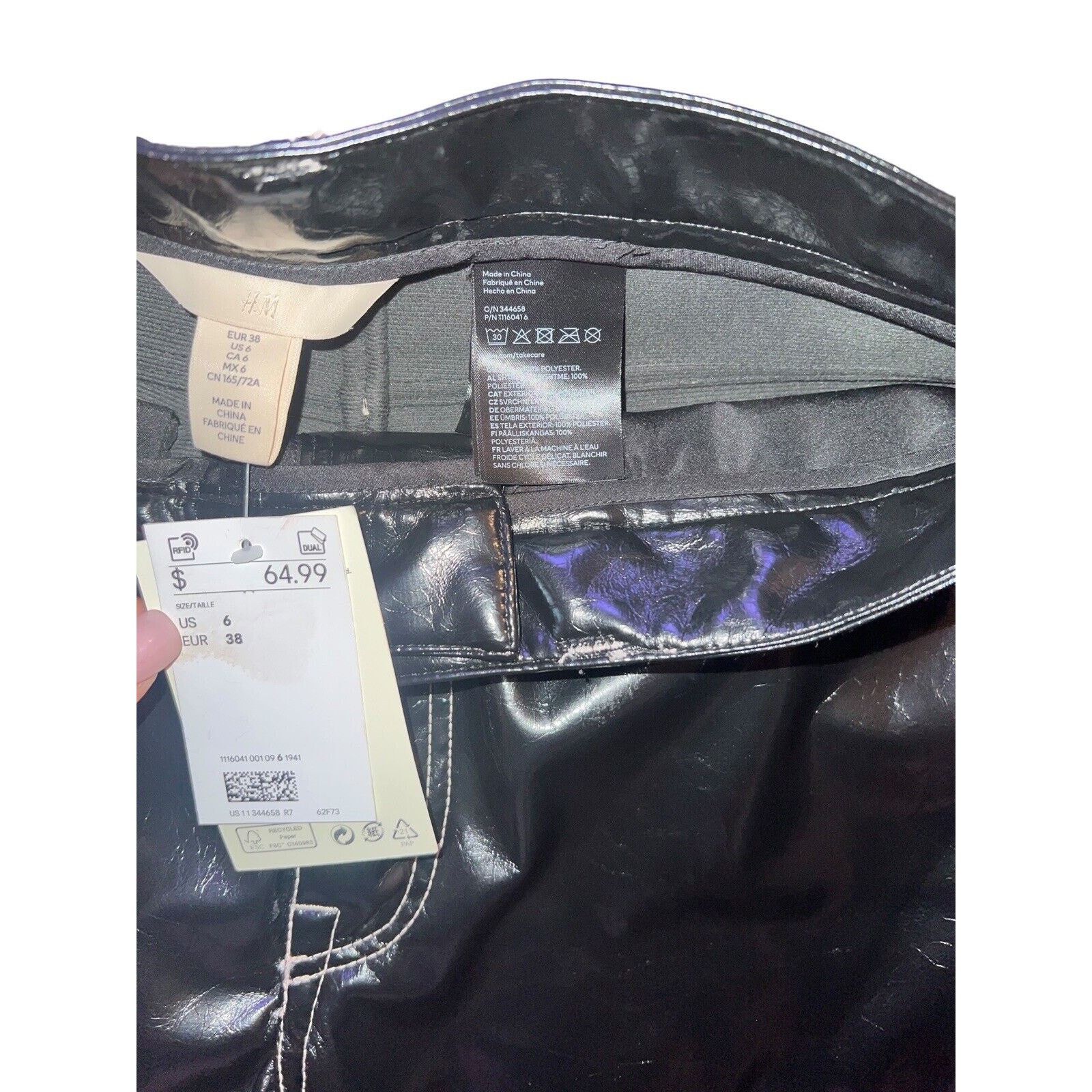 H&M Womens H&M Faux Leather Straight Pants Black W/ White Seams Size 28" / US 6 / IT 42 - 4 Thumbnail