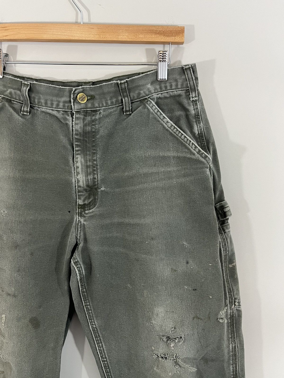 Carhartt Thrashed Sun Faded Olive Carpenter Pants Size US 33 - 2 Thumbnail