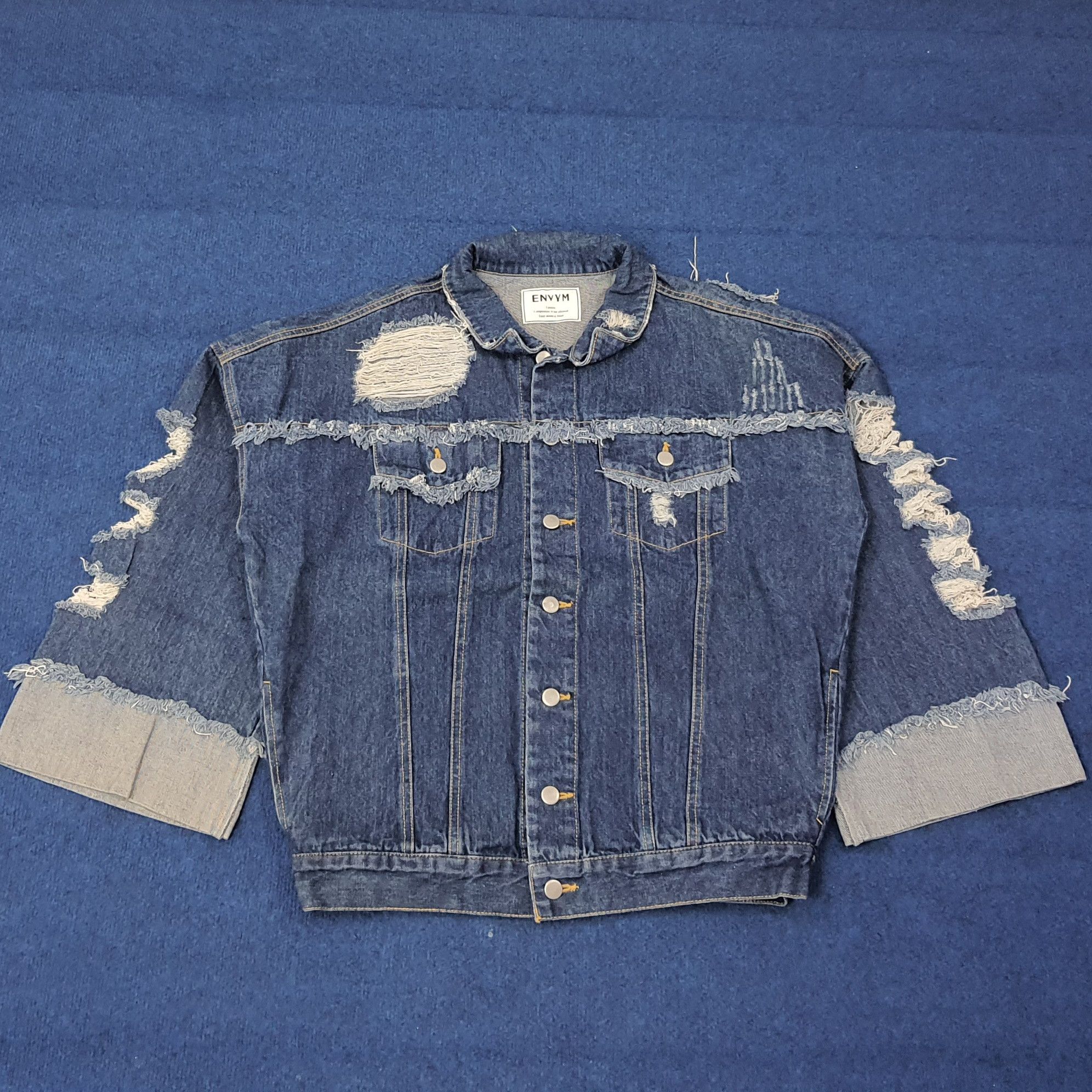 For All To Envy ENVYM Ripped Denim Cropped Sleeve Raw Hem Jacket C266N20 Size US L / EU 52-54 / 3 - 1 Thumbnail