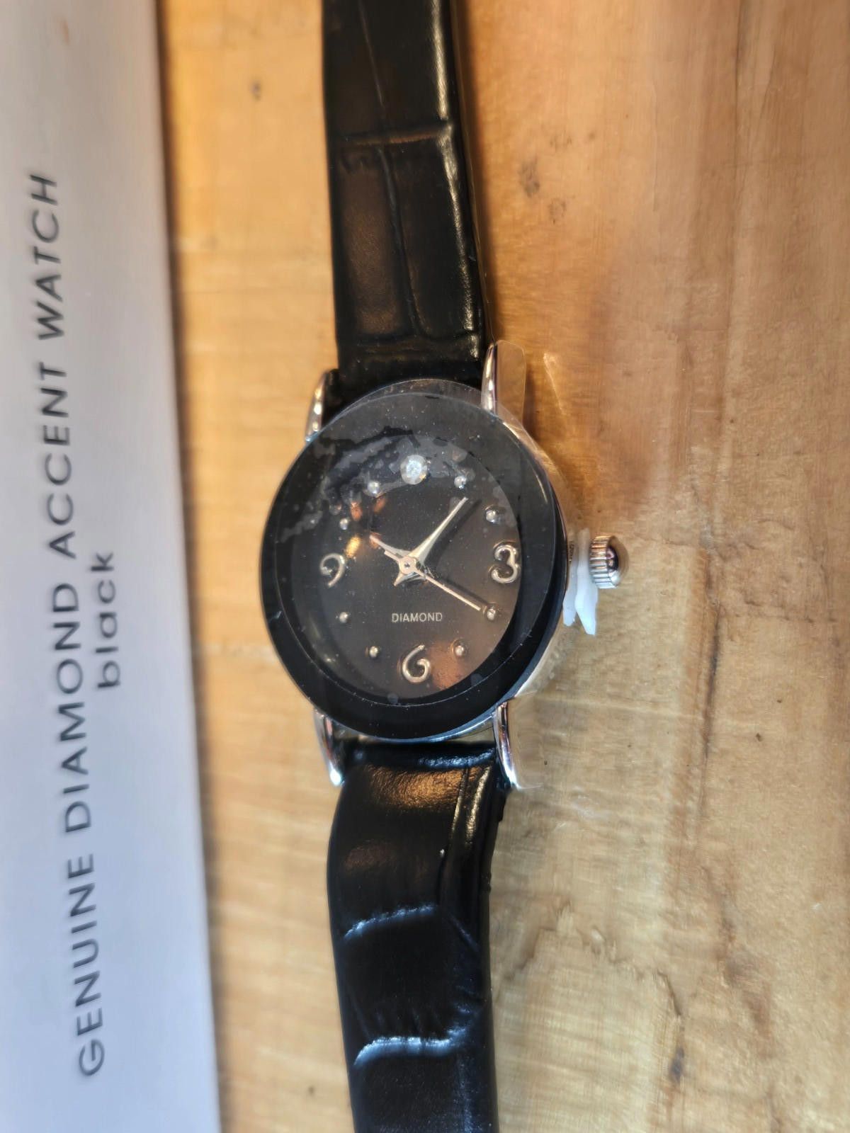 Designer New Avon Genuine Diamond Accent Black Leather Strap Watch, Women's