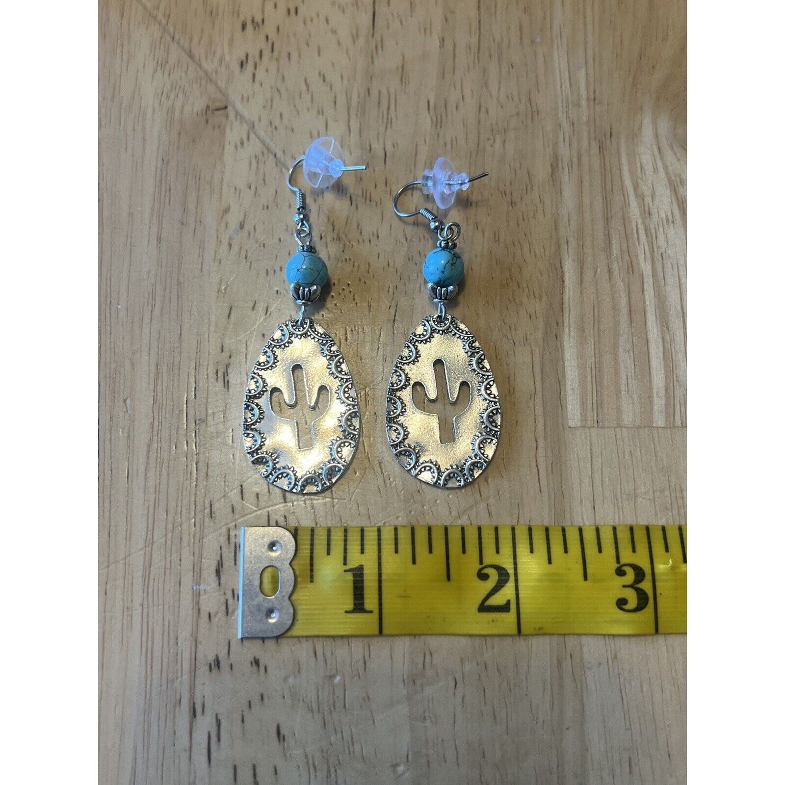 Other Silver Tone Earring with Turquoise Bead Teardrop with Cactus Size ONE SIZE - 3 Thumbnail