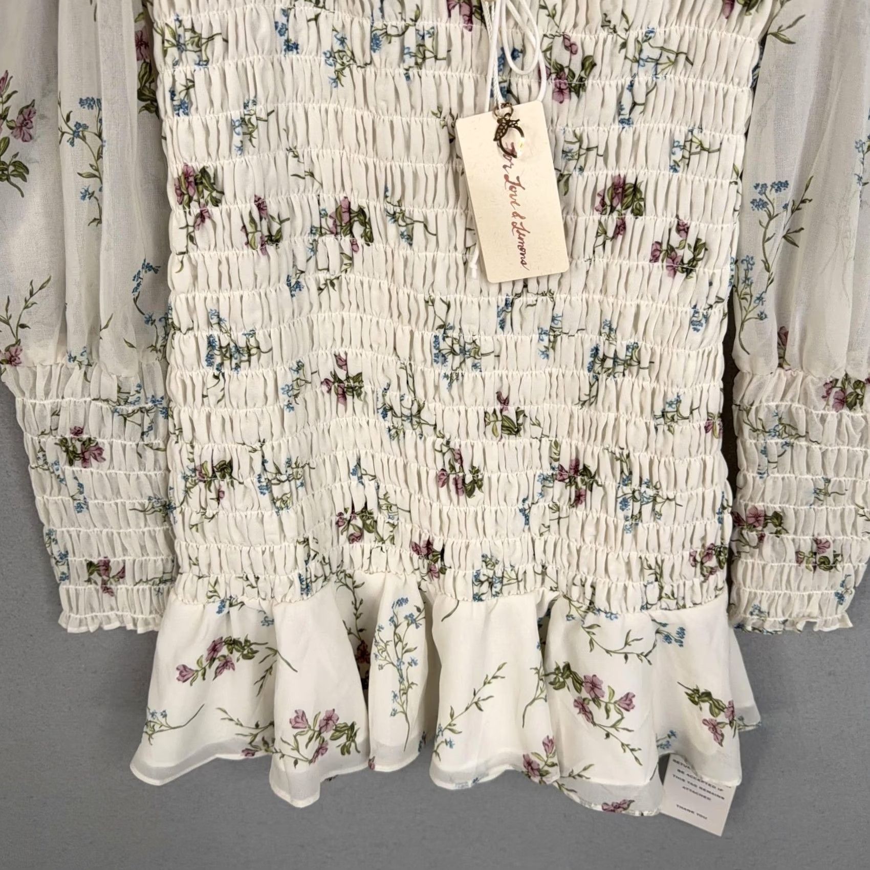 For Love & Lemons For Love & Lemons Dress Womens Medium White Floral Smocked Mini Puff Sleeve NWT Size M / US 6-8 / IT 42-44 - 3 Thumbnail