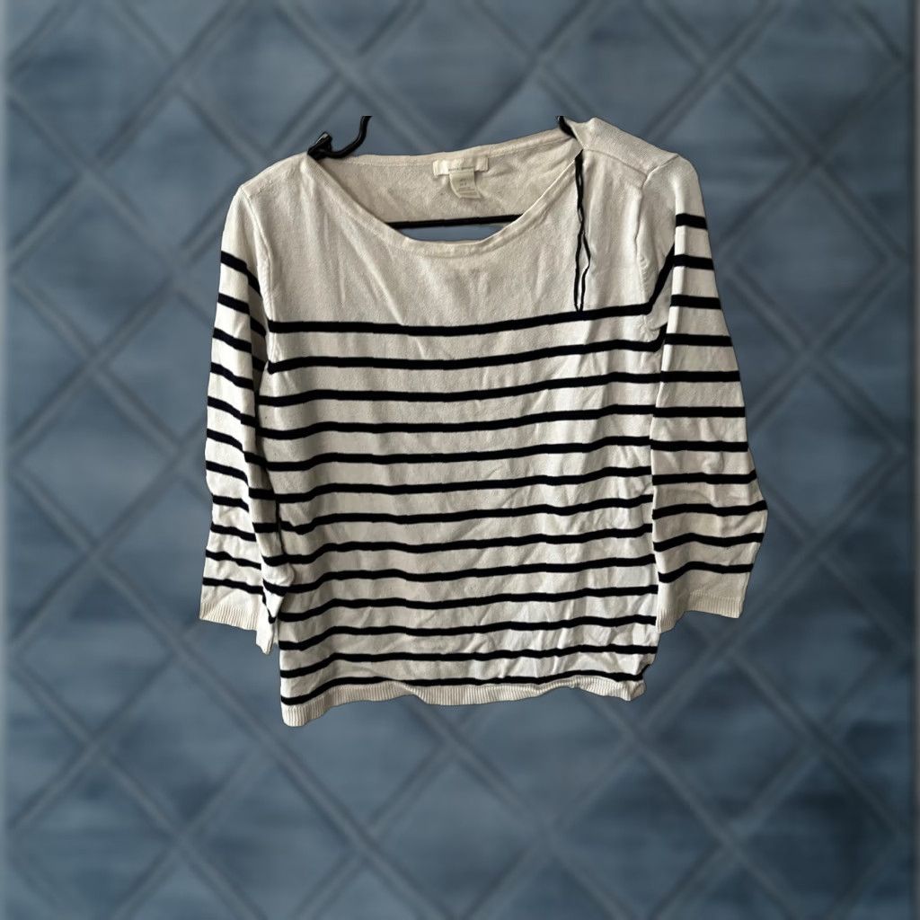 H&M H&M Womens Sweater Crew Neck Striped Lightweight Pullover Cream Black L Adult Women Size L / US 10 / IT 46 - 1 Thumbnail